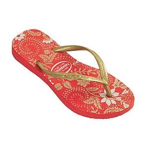 Havaianas Slim Red Gold Floral Flip Flops Womens Size 8 Sandals Brazilian Rubber